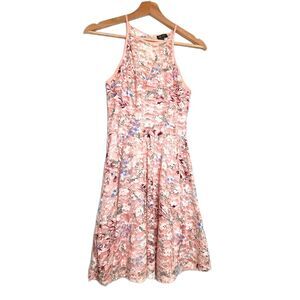 Lily Rose Womens Fit & Flare Dress Pink Floral Keyhole Stretch Mesh Lined XS
